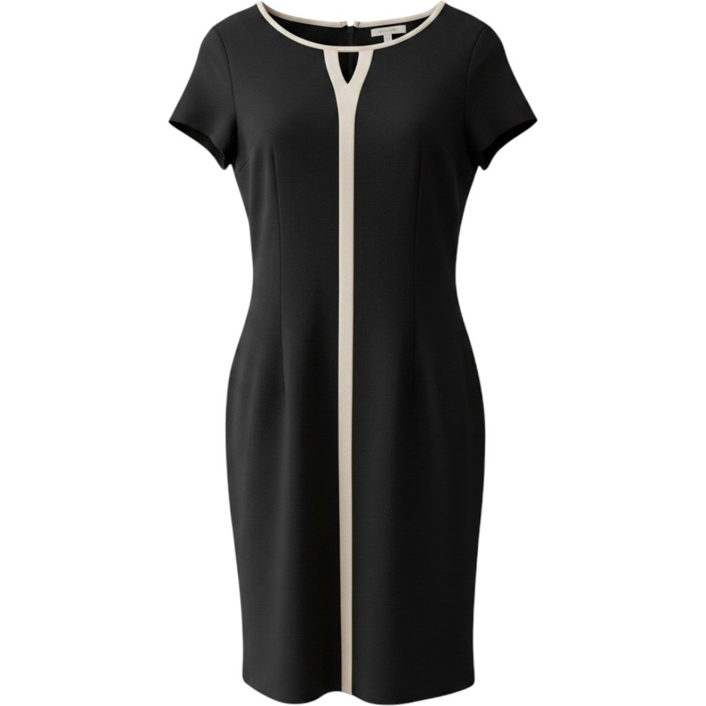 Talbots Womens Black Cream Knit Keyhole Sheath Dress Size 12 Short Sleeve Office